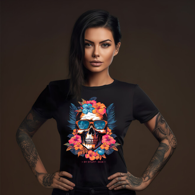 Stuff-Box Skull & Rose Frauen Rundhals Shirt schwarz 11